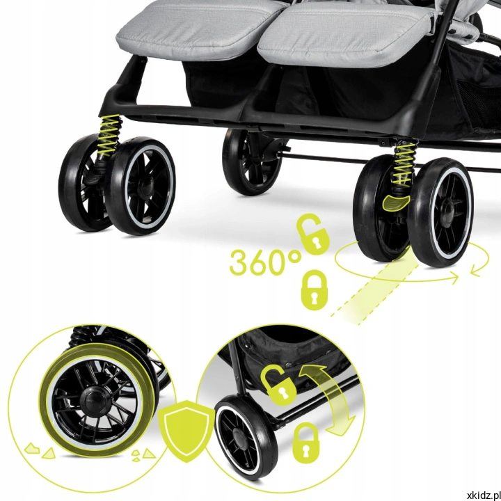 Wózek spacerowy Lorelli Twin Grey - zwrotne koła 360° z blokadą