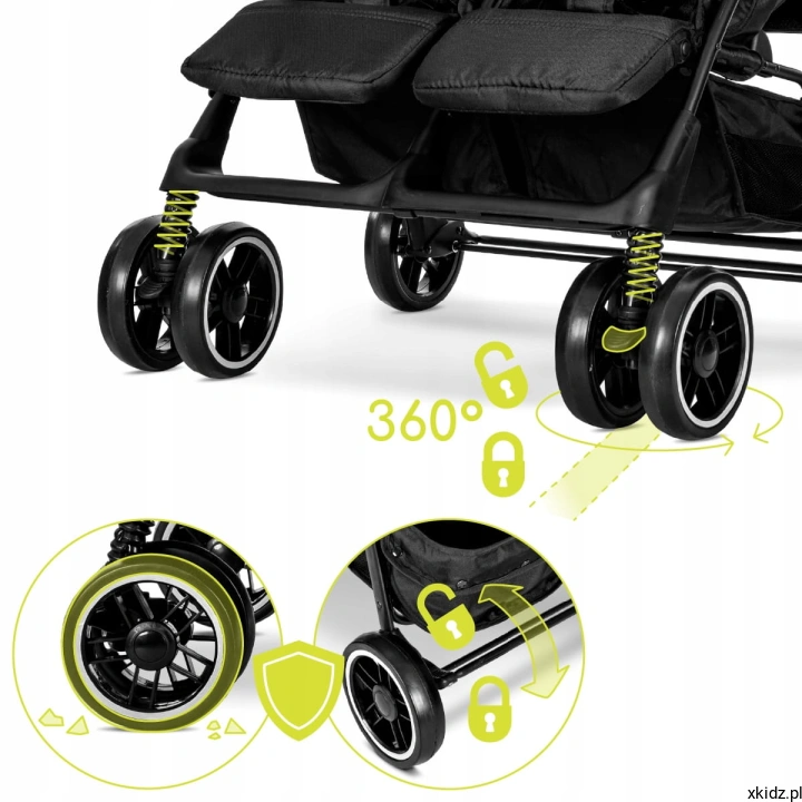 Wózek spacerowy Lorelli Twin Black - zwrotne koła 360° z blokadą