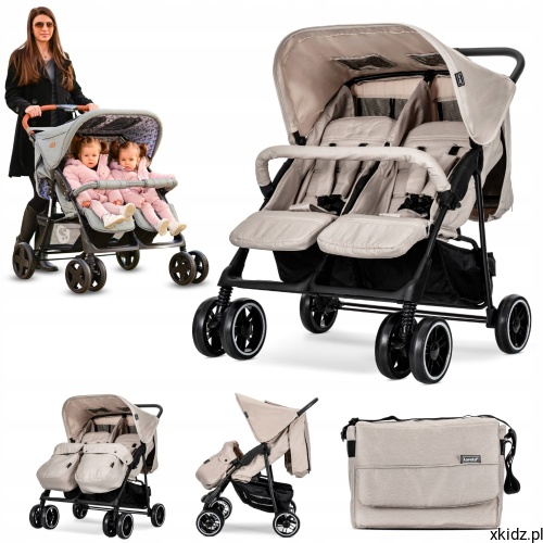Wózek bliźniaczy Lorelli Twin Beige - widok całego wózka w kolorze beżowym
