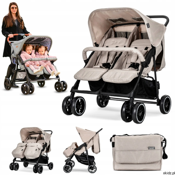 Wózek bliźniaczy Lorelli Twin Beige - widok całego wózka w kolorze beżowym