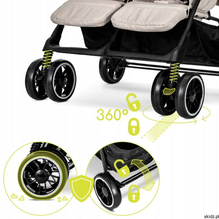 Wózek spacerowy Lorelli Twin Beige - zwrotne koła 360° z blokadą