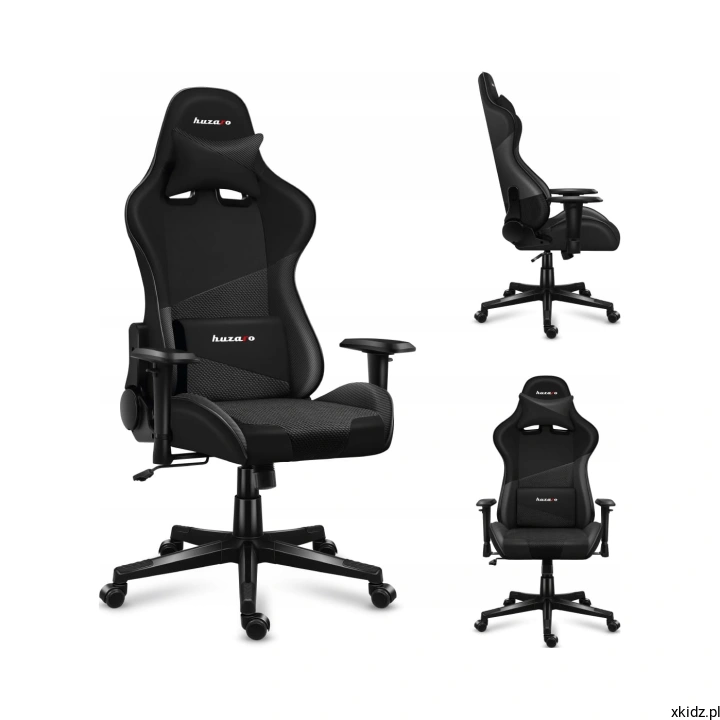 Fotel gamingowy Huzaro Force 6.2 Carbon Black z tkaniny, widok z przodu, z boku i z tyłu