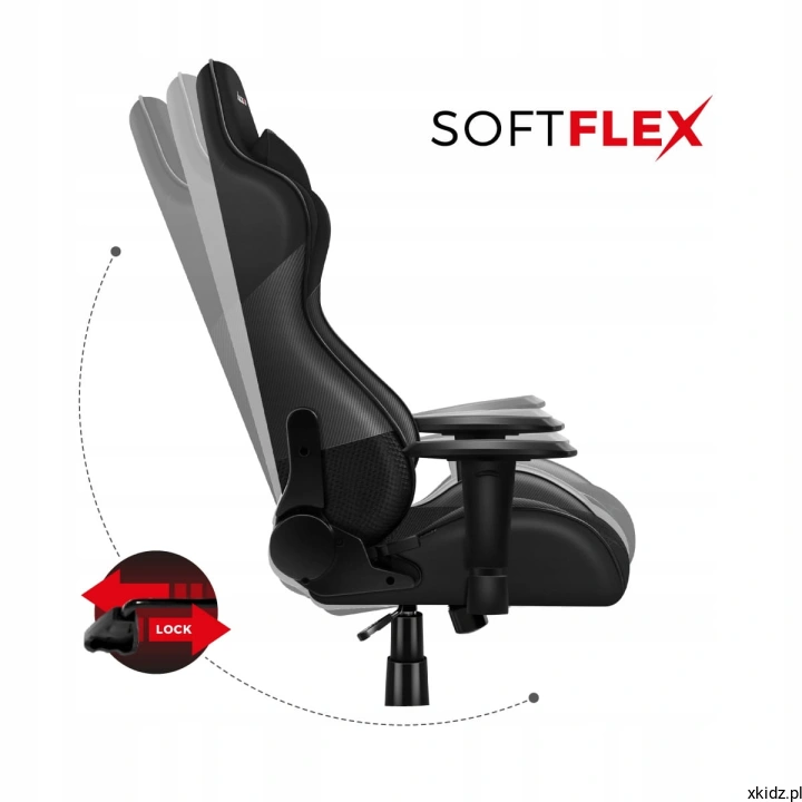 Fotel Force 6.2 Carbon Black z boku, mechanizm bujania SoftFlex na schemacie