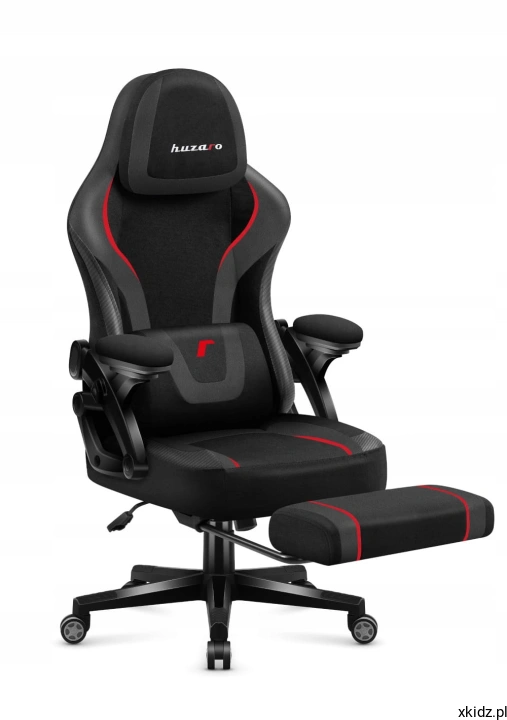 Czarny fotel gamingowy Huzaro Force 4.6 Carbon Black z czerwonymi akcentami i podnóżkiem, widok z przodu