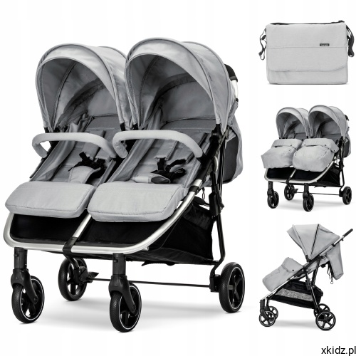Wózek bliźniaczy Lorelli Duo Grey do 2x22 kg - widok całego wózka w kolorze szarym