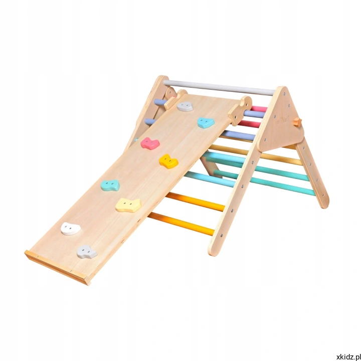 Drewniany zestaw wspinaczkowy Montessori Baby Mix 2w1 - trójkąt Pikler ze zjeżdżalnią