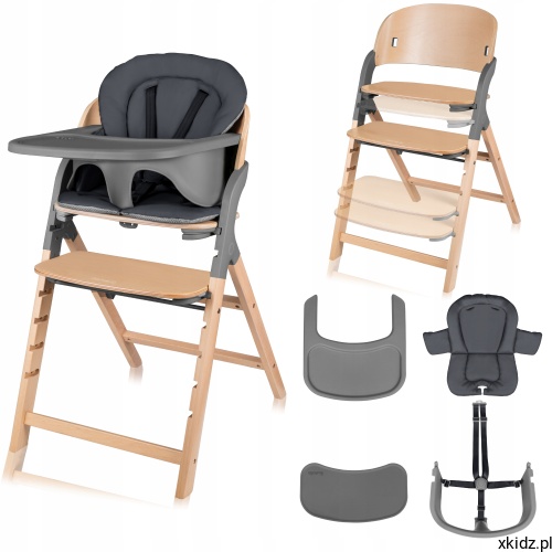 Krzesełko do karmienia Lionelo Megan Grey Wood 3w1 – widok z przodu z tacą