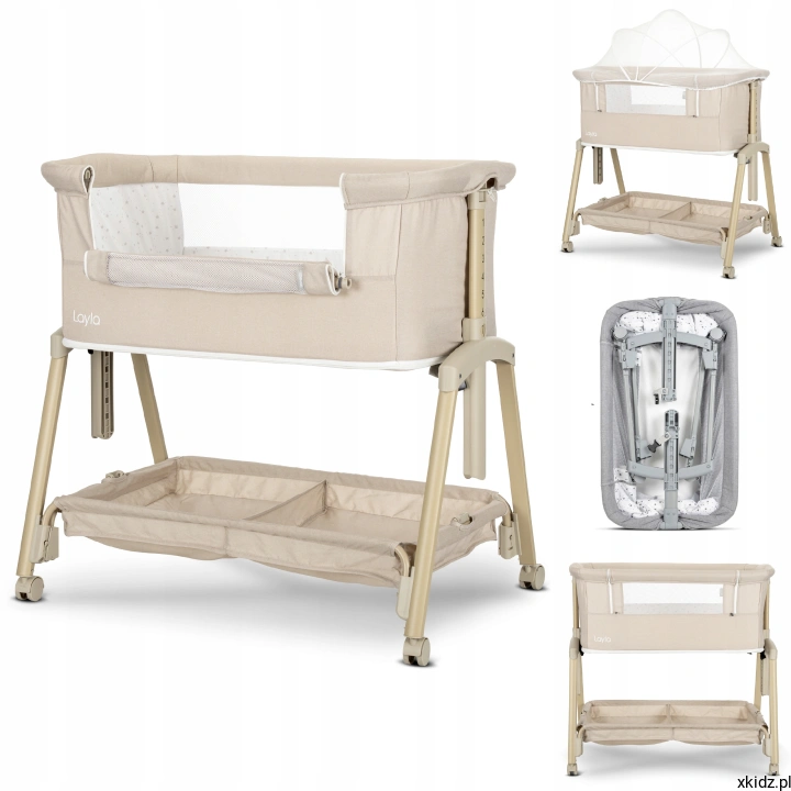 Łóżeczko dostawne Lorelli Layla 2w1 Beige - widok całego łóżeczka w kolorze beżowym