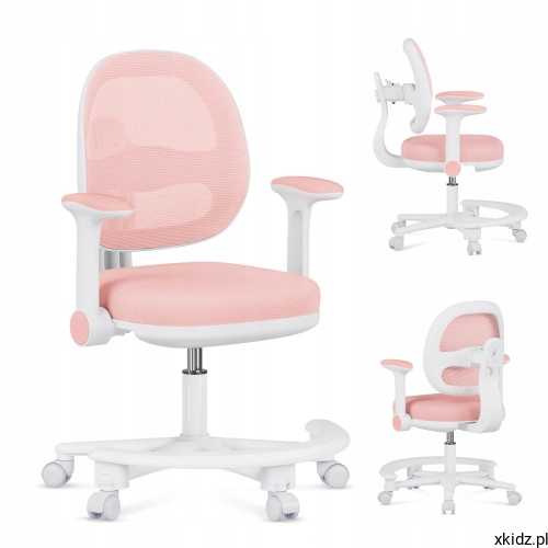 Fotel obrotowy dla dzieci Mark Adler Junior 3.6 Pink - widok całego fotela z podnóżkiem