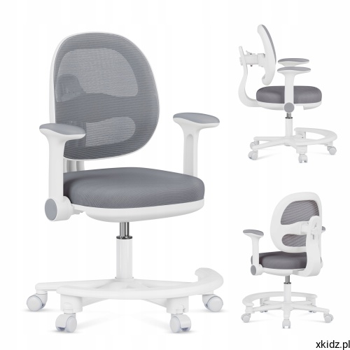 Fotel dla dziecka do biurka Mark Adler Junior 3.6 Grey - widok całego fotela z podnóżkiem