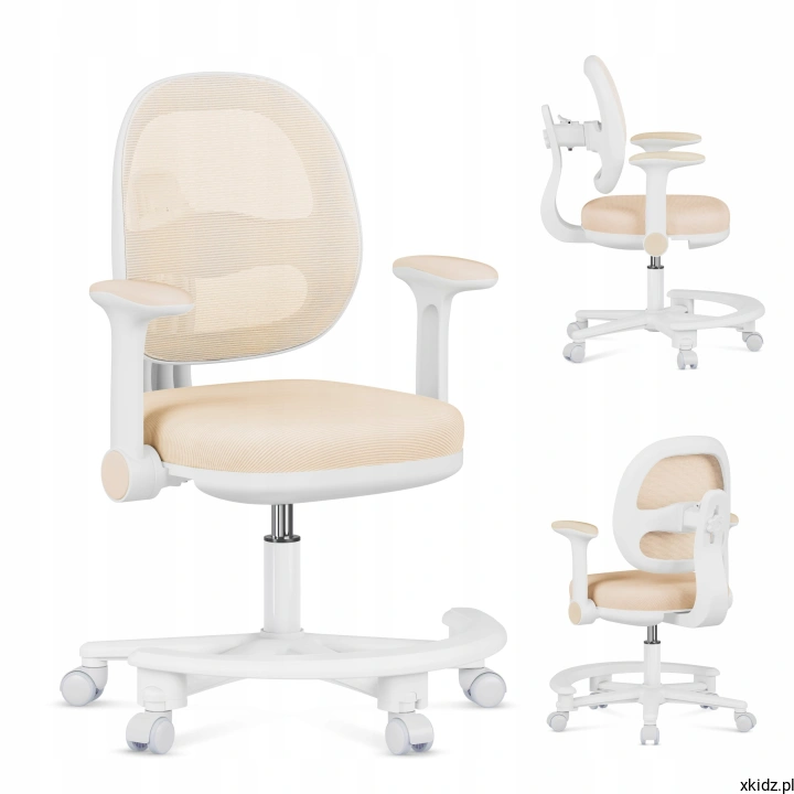 Fotel obrotowy dla dziecka Mark Adler Junior 3.6 Beige - widok całego fotela z podnóżkiem