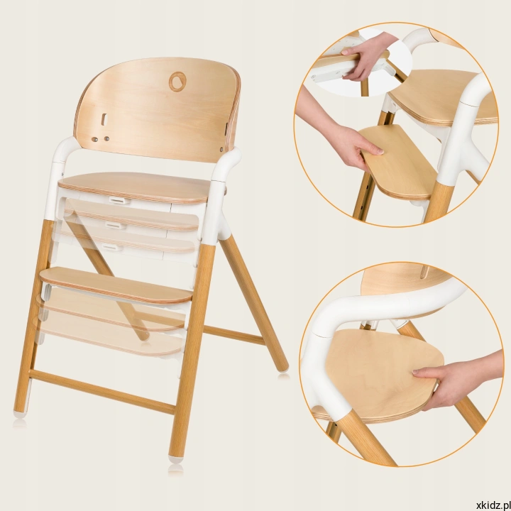 Krzesełko Lionelo Celia Beige Wood - regulacja wysokości siedziska jedną ręką
