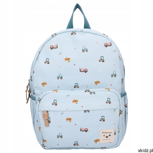 Plecak Kidzroom Little Story Blue - nadruk pojazdów na niebieskim materiale rPET