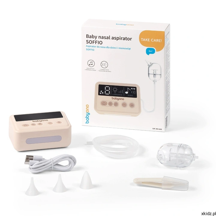 Aspirator do nosa Babyono SOFFIO - skład zestawu z końcówkami, pęsetą i kablem USB-C