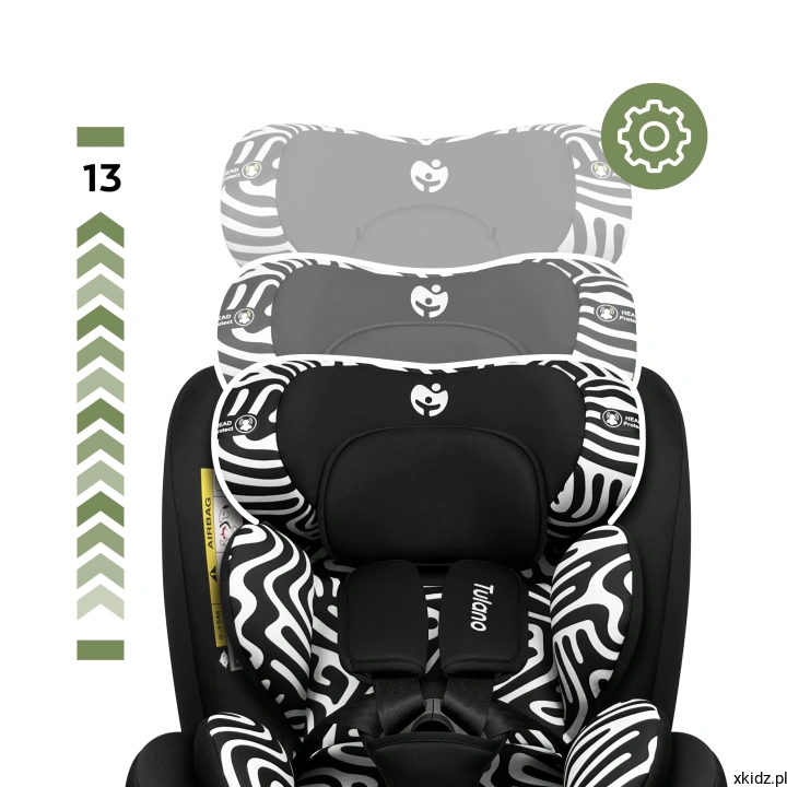 Fotelik Tulano Loom 15 Black Mono - regulacja zagłówka w 13 pozycjach