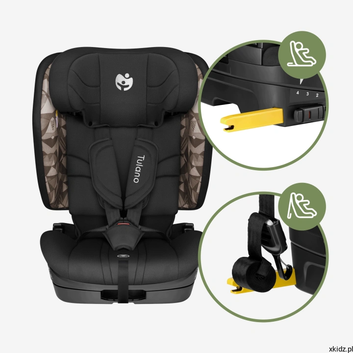 Fotelik samochodowy Tulano Zooma 55 Black-Taupe - mocowanie ISOFIX i prowadnice pasa