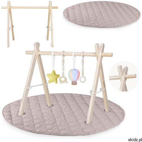 Mata edukacyjna z baby gym Lionelo Anis Set - drewniany stojak z sosny zbliżenie