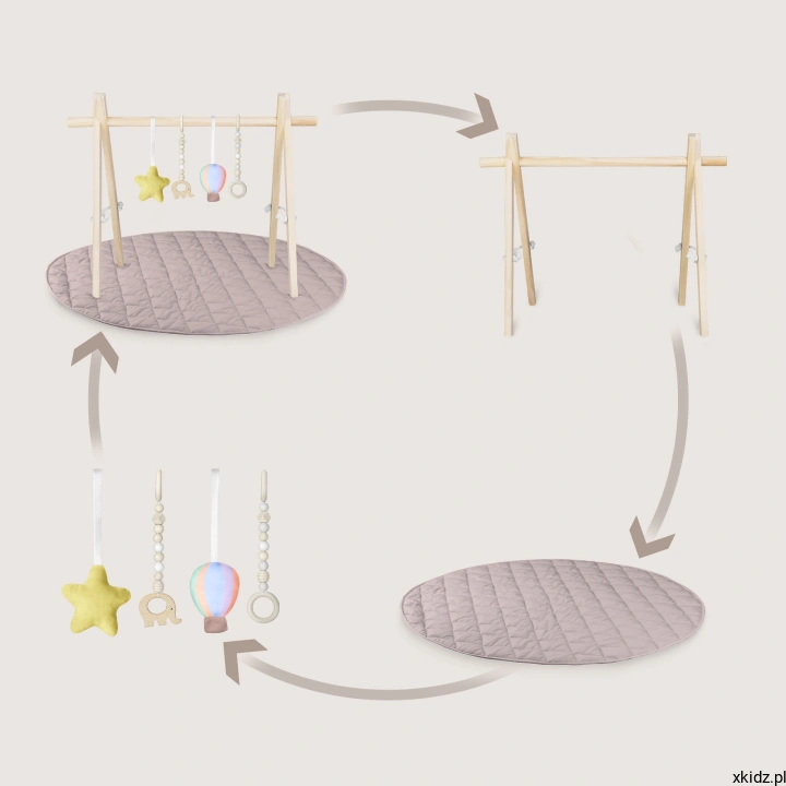 Mata edukacyjna z baby gym Lionelo Anis Set - cztery zawieszki: dwie pluszowe i dwie drewniane