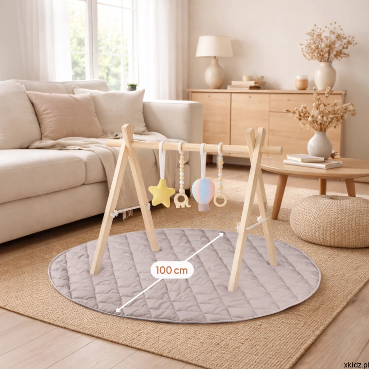 Mata edukacyjna z baby gym Lionelo Anis Set - zawartość zestawu: stojak, zawieszki, mata