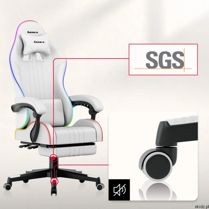 Fotel gamingowy Huzaro Force 4.7 RGB White - podwójne koła 50 mm chroniące podłogę