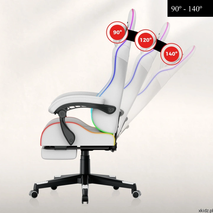 Fotel gamingowy Huzaro Force 4.7 RGB White - pochylane oparcie i rozłożony podnóżek