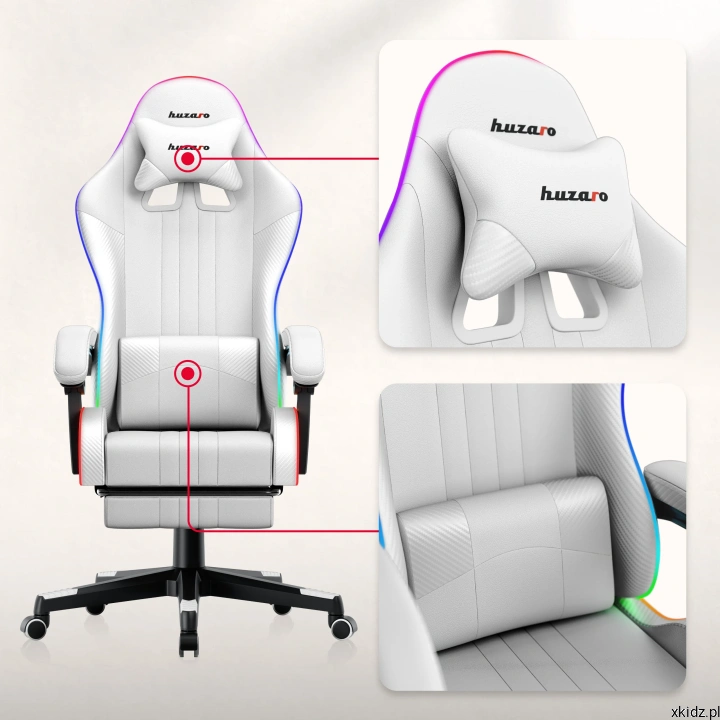 Fotel gamingowy Huzaro Force 4.7 RGB White - poduszka lędźwiowa i poduszka pod kark