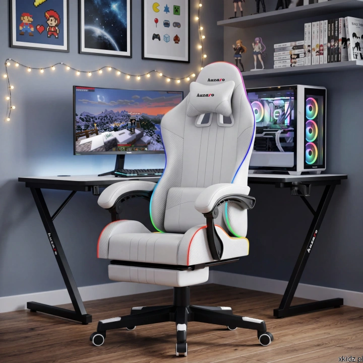 Fotel gamingowy Huzaro Force 4.7 RGB White - podświetlenie RGB LED w pokoju gracza po zmroku