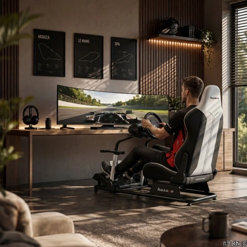 Kokpit do simracingu Huzaro Speed 5.5 - kokpit z kierownicą i monitorem w pokoju gracza