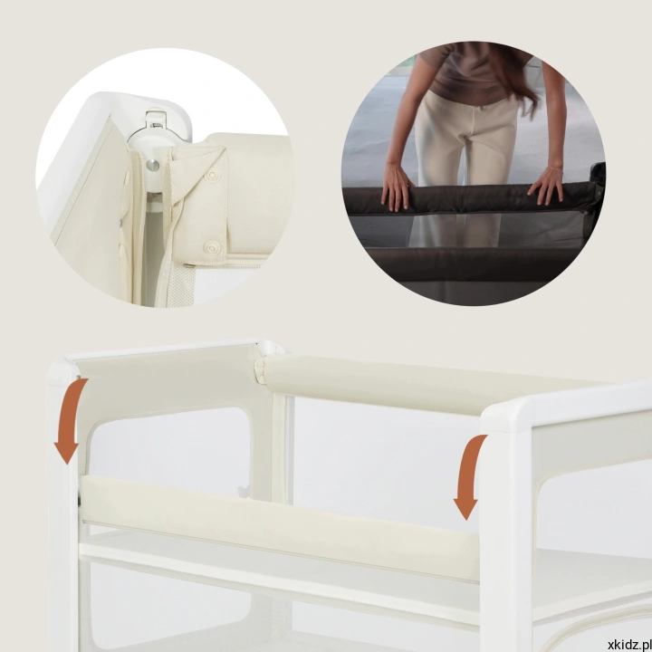Łóżeczko 5w1 Lionelo Patty Beige - opuszczany bok otwierany dwoma przyciskami