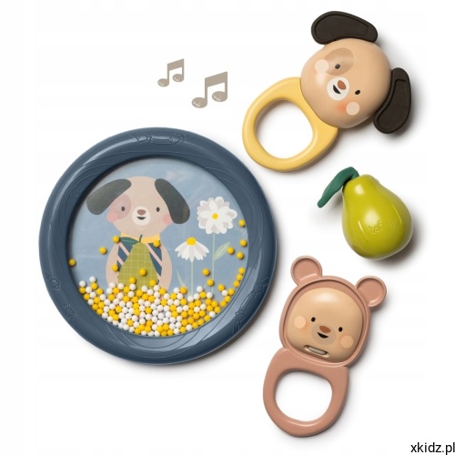 Instrumenty dla niemowląt Taf Toys Muzyczna Przygoda - cztery instrumenty z zestawu na białym tle