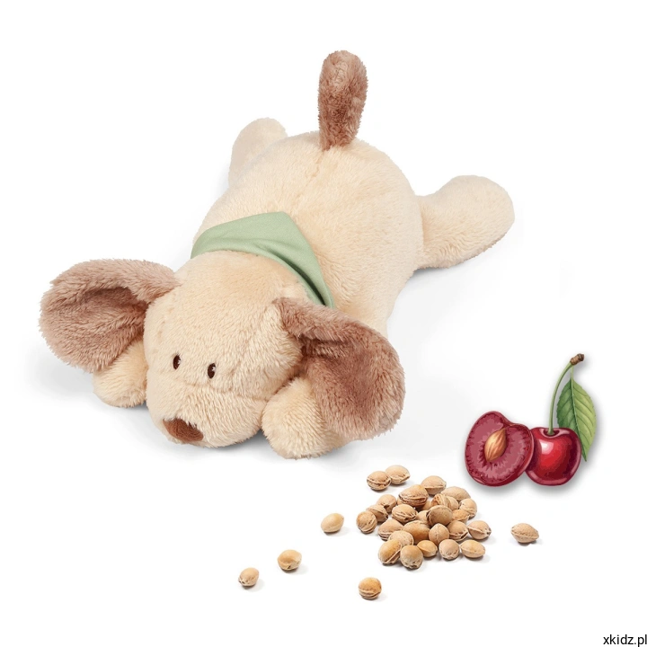 Termofor z pestkami wiśni Babyono piesek Cherry - pluszowy piesek na białym tle