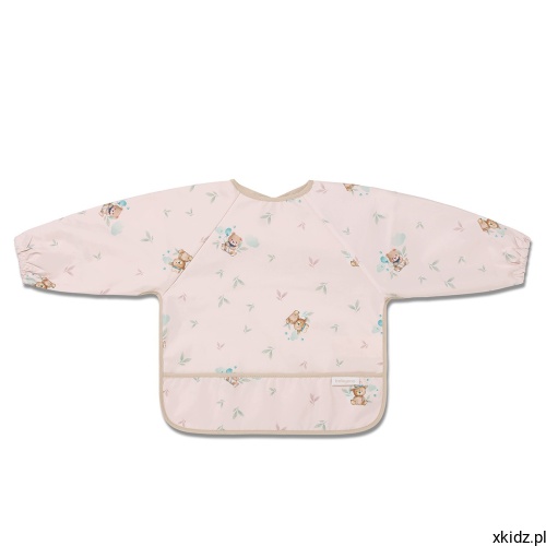 Śliniak fartuszek z rękawem Babyono Teddy Beige - beżowy fartuszek z misiami na białym tle