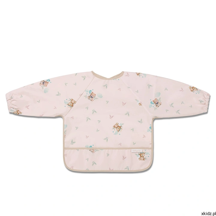 Śliniak fartuszek z rękawem Babyono Teddy Beige - beżowy fartuszek z misiami na białym tle