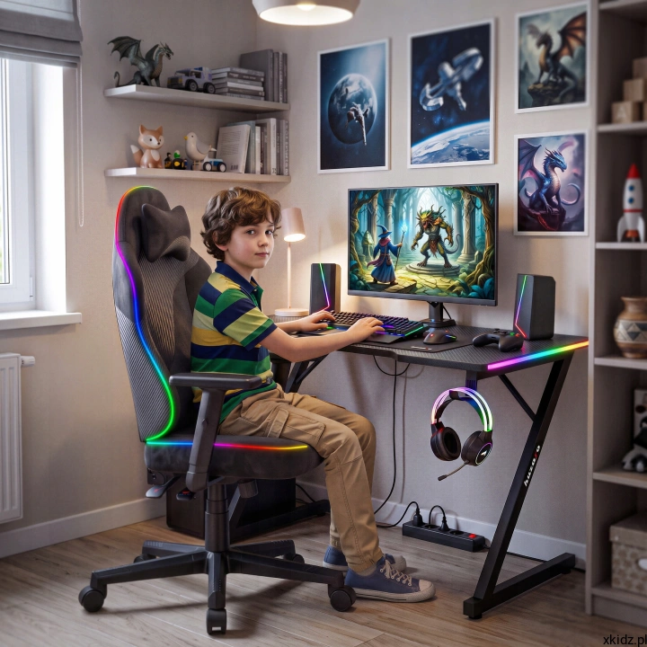 Fotel gamingowy Huzaro Ranger 5.7 Black RGB - fotel przy podświetlanym stanowisku gracza
