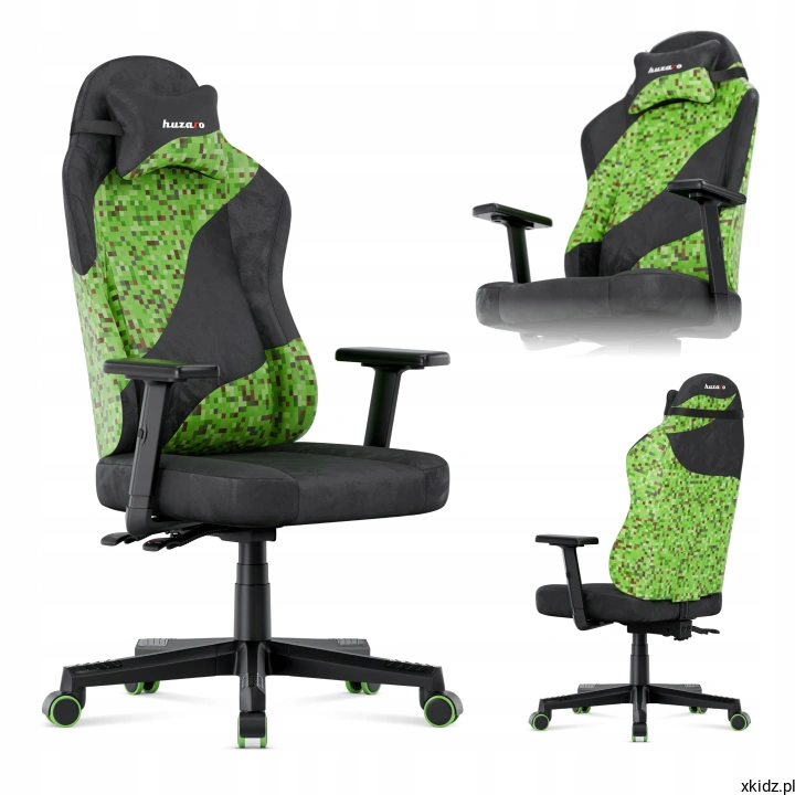 Fotel gamingowy dla nastolatka Huzaro Ranger 5.7 Pixel - widok z przodu, czarny fotel z zielonym wzorem pixel