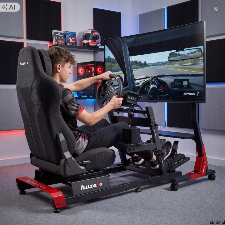 Kokpit do simracingu Huzaro Speed 5.7 - stanowisko z zamontowaną kierownicą i pedałami