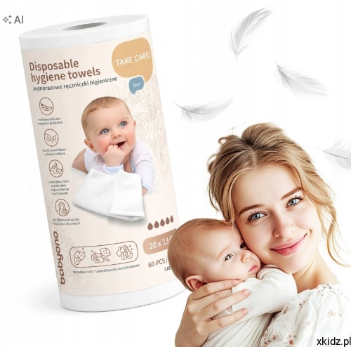 Ręczniczki jednorazowe dla niemowląt BabyOno - rolka 60 sztuk z wiskozy