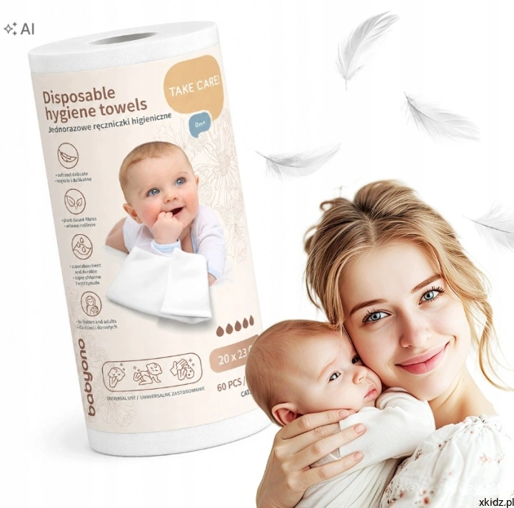 Ręczniczki jednorazowe dla niemowląt BabyOno - rolka 60 sztuk z wiskozy