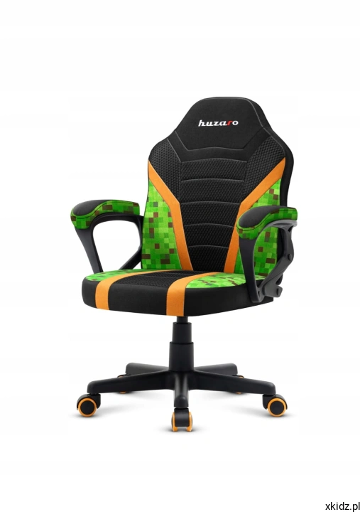 Fotel Ranger Mesh 1.0 PIXEL w widoku z przodu pod kątem z pomarańczowymi kółkami