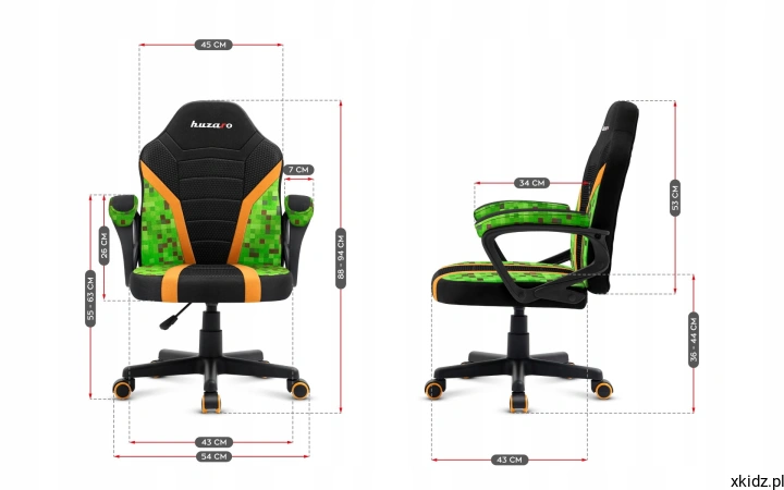 Schemat wymiarów dziecięcego fotela Ranger Mesh 1.0 PIXEL z widokiem z przodu i z boku
