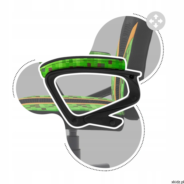 Zielony podłokietnik z wzorem pikseli fotela Ranger Mesh 1.0 PIXEL w zbliżeniu