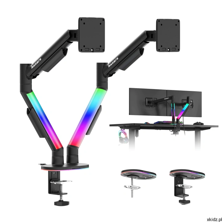 Uchwyt na 2 monitory Huzaro Motion 2.6 RGB - dwa ramiona z monitorami zamocowane do biurka, widok z przodu