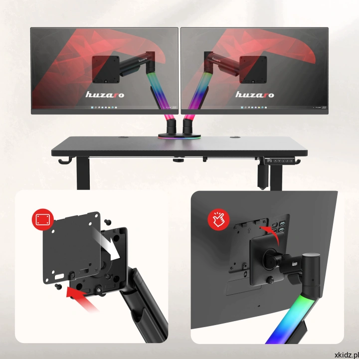 Uchwyt na 2 monitory Huzaro Motion 2.6 RGB - płytka VESA z szybkim wypięciem Quick Release