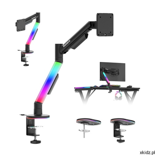 Uchwyt na monitor Huzaro Motion 1.6 RGB - ramię z monitorem zamocowane do biurka, widok z przodu