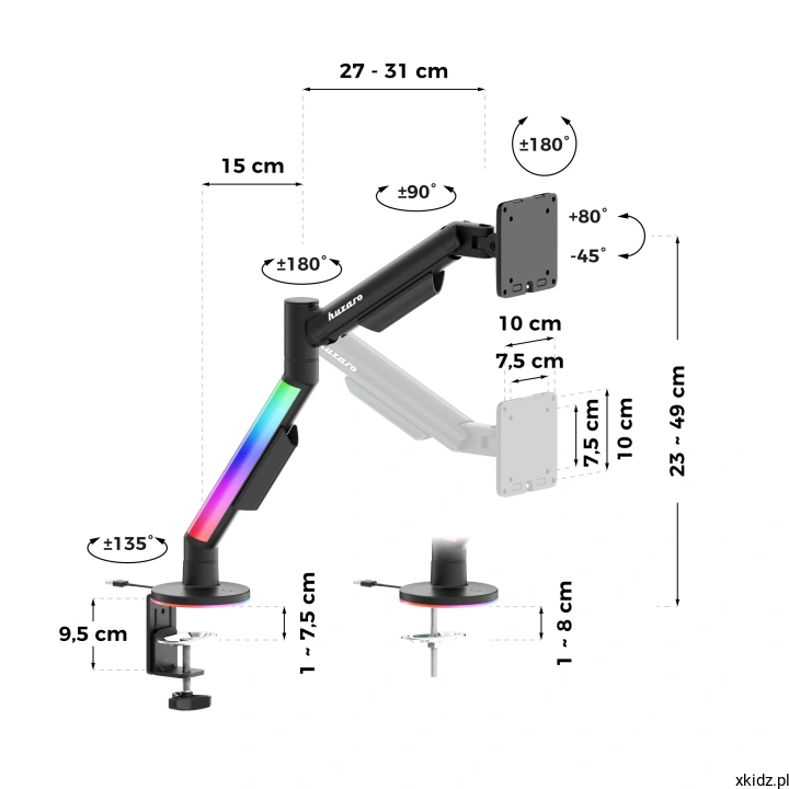 Uchwyt na monitor Huzaro Motion 1.6 RGB - ramię o długości 61 cm, widok z boku