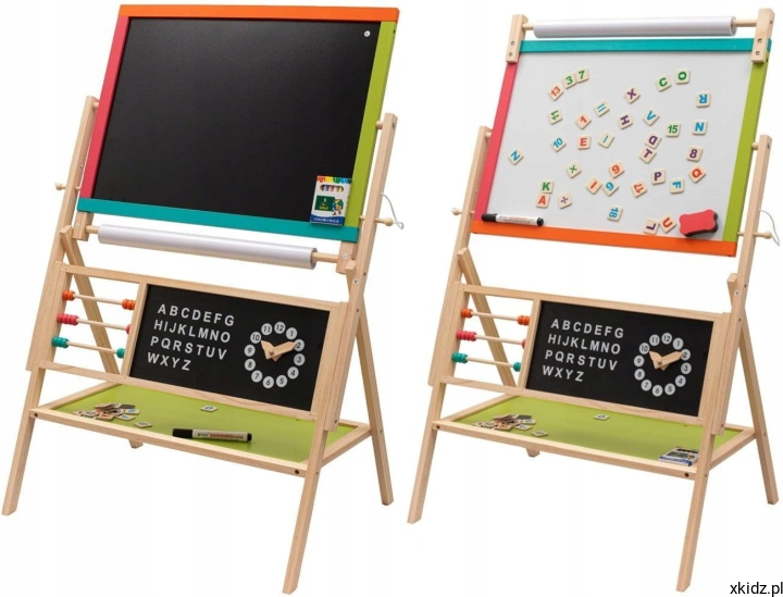 Tablica edukacyjna Montessori Baby Mix 2w1 - widok całej dwustronnej tablicy z litego drewna