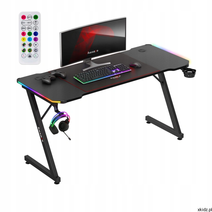 Biurko gamingowe Huzaro HERO 3.3 RGB Black z podświetleniem LED, pilotem, monitorem i słuchawkami na haczyku
