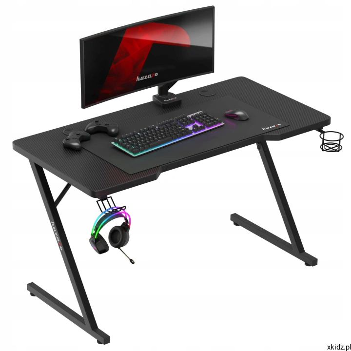 Czarne biurko gamingowe Huzaro HERO 2.5 Black z uchwytem na słuchawki i cup holderem, z monitorem i klawiaturą