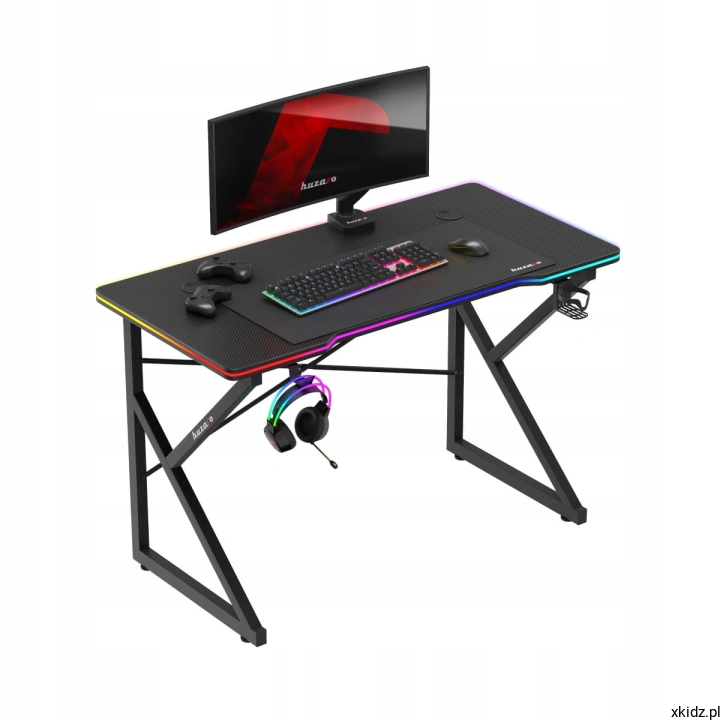 Biurko gamingowe Huzaro HERO 1.7 RGB Black z podświetleniem LED, monitorem i słuchawkami na haczyku
