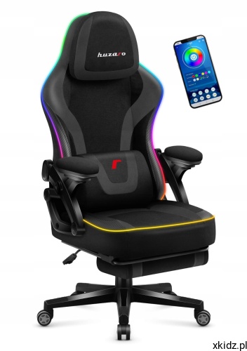 Czarny fotel gamingowy Huzaro Force 4.6 RGB z wysuwanym podnóżkiem, podświetleniem RGB i smartfonem z aplikacją